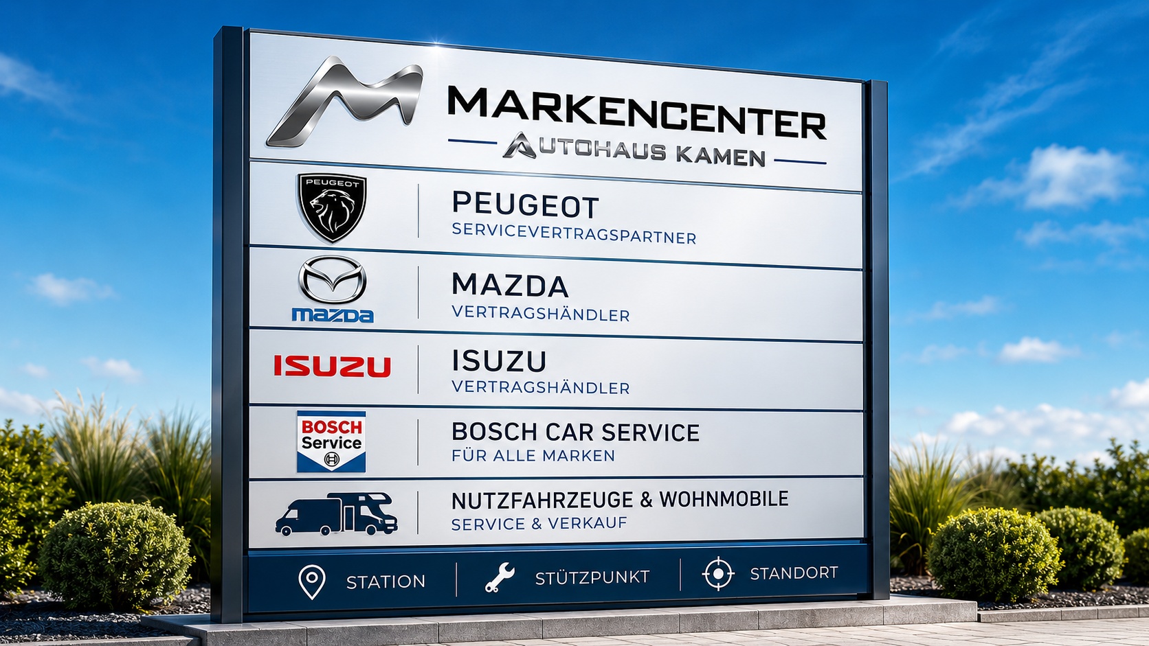 Markencenter Autohaus Kamen mit Peugeot, Mazda, Isuzu, Bosch Car Service, Nutzfahrzeuge und Wohnmobile